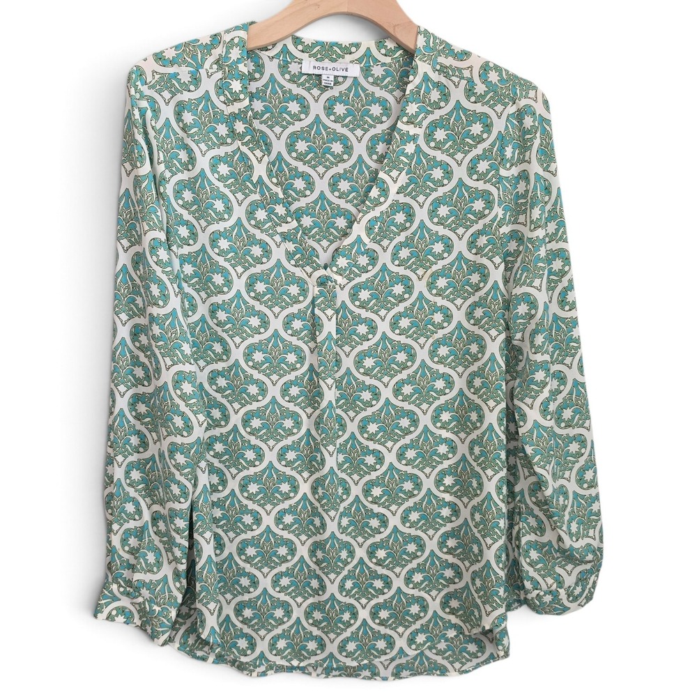 Rose & Olive Top Womens Medium Green Medallion Geometric Split V Neck Blouse
